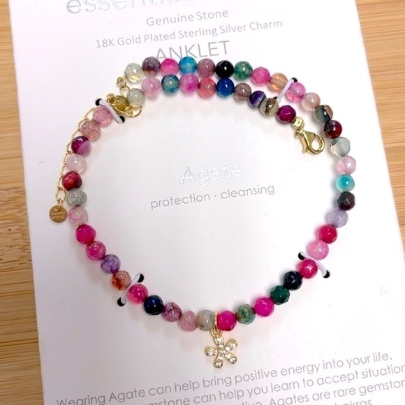 Essential Ritual Genuine Stone 18k Gold Plated Sterling Silver Charm Anklet - Picture 3 of 15